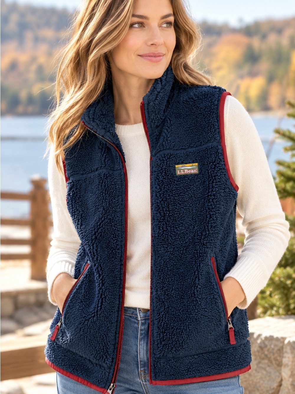 L.L.Bean Women’s Sherpa Fleece Vest Navy Burgundy Size Large Regular Full Zip
